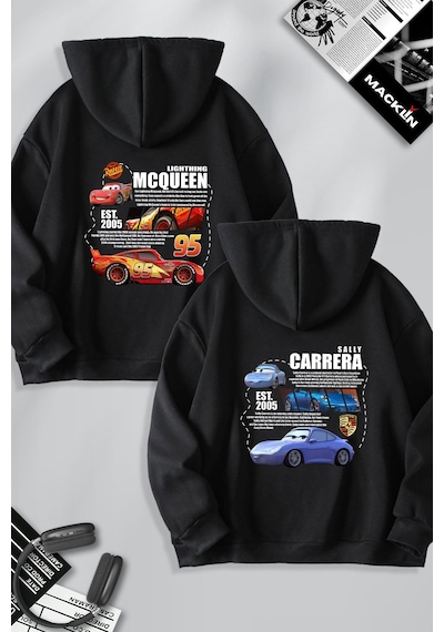 Macklin Sevgili Çift Kombin Mcqueen Ve Sally Sırt Baskılı Özel Tasarım Kapüşonlu Sweatshirt 2li Set Takım Siyah Mck1169 Siyah