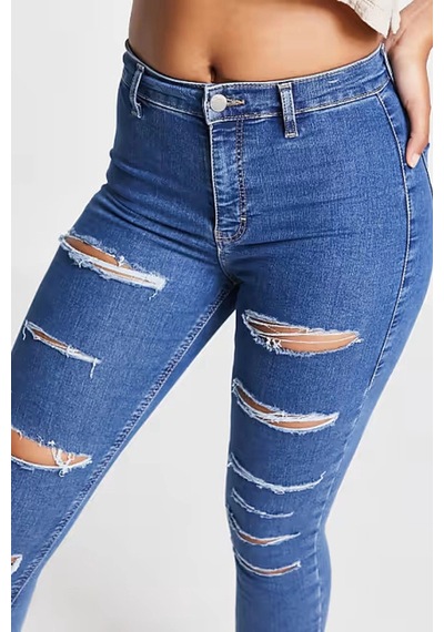 Yırtık Mavi Yüksek Bel Skinny Fit Jean Likralı Önü Cepsiz Tayt Pantolon
