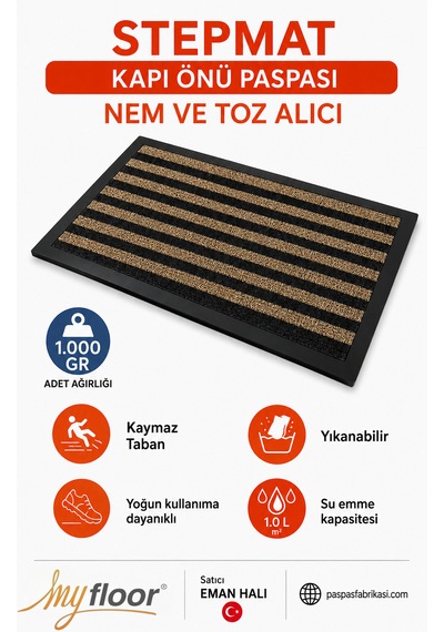 Nem Alıcı Toz Tutucu Çamur Sıyırıcı Pvc Taban Ve Pvc Bordürlü Sentetik Fırça Dokulu Siyah&bej Çizgili Halılı Kapı Önü Paspası Bej - Siyah