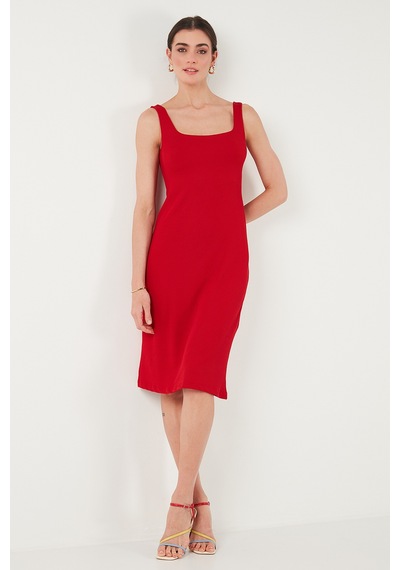 Lela Streç Slim Fit Kare Yaka Kalın Askılı Midi Boy Bayan Elbise 5866102 Kırmızı