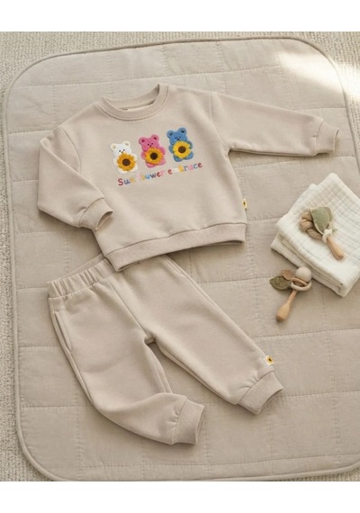 Tuffy Alt Üst Takım Krem Kız Bebek Sunflower Embrace Temalı İkili Pudra Renk Latte