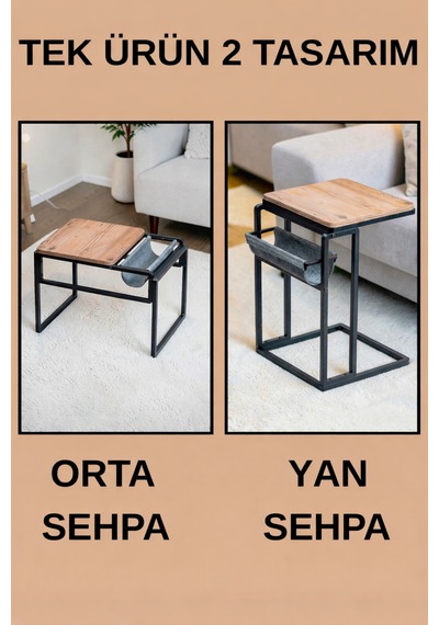 Dekoratif 2 Yönlü Metal Yan Ve Orta Sehpa Ahşap Raflı Koltuk Yanı Servis Sehpası Ve Orta Sehpa Siyah
