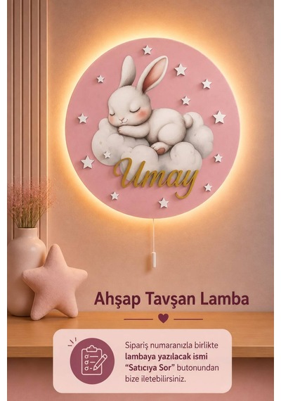 Ahşap Tavşanlı Lamba İsme Özel Pilli Ledli Gece Lambası Bebek Çocuk Odası Pembe