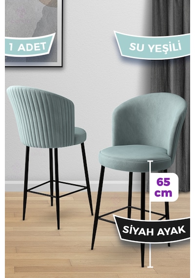 Canisa Alte Serisi 1 Adet 65 Cm Su Yeşili Ada Mutfak Bar Sandalyesi Babyface Kumaş Siyah Metal Ayaklı Su Yeşili Sandalye Siyah Ayak