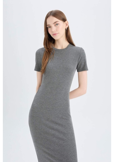 DeFacto Bodycon Vücudu Saran Bisiklet Yaka Basic Düz Fitilli Kaşkorse Kısa Kollu Midi Elbise E6926AX25SPAR15