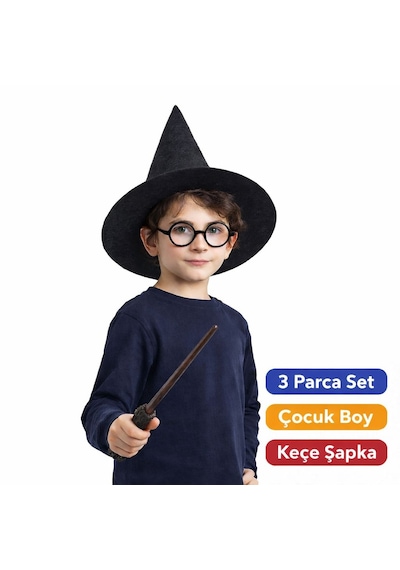 Harry - 140 - Potter Tarzı Çocuk Seti Siyah Keçe Şapka, - Csmo-tex - Asa, Gözlük
