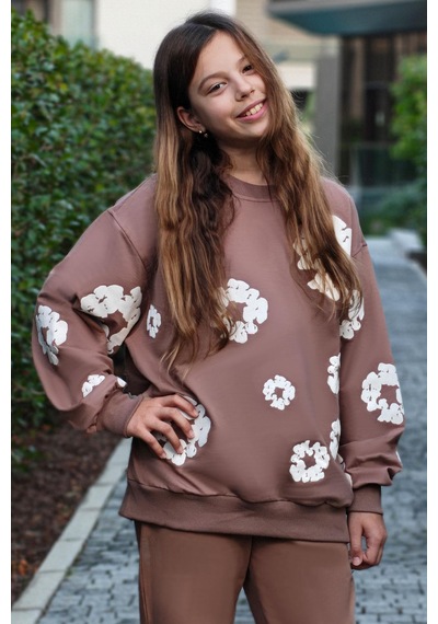 Locoloco Kız Çocuk Sweatshirt Çiçek Baskılı 9-14 Yaş, Kahverengi Kahverengi