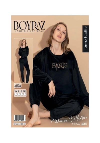 Boyraz Kadın Kışlık Fransız Kadife Bisiklet Yaka Uzun Kol Pijama Takımı 03096- 1 Adet Siyah Boyraz Kadın Kışlık Fransız Kadife Bisiklet Yaka Uzun Kol Pijama Takımı 03096- 1 Adet Siyah