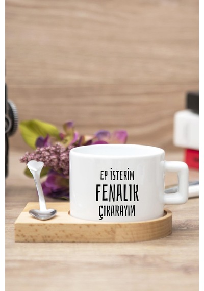 Ep Isterim Fenalık Çıkarayım Baskılı Ahşap Altlıklı Kaşıklı Kupa Beyaz