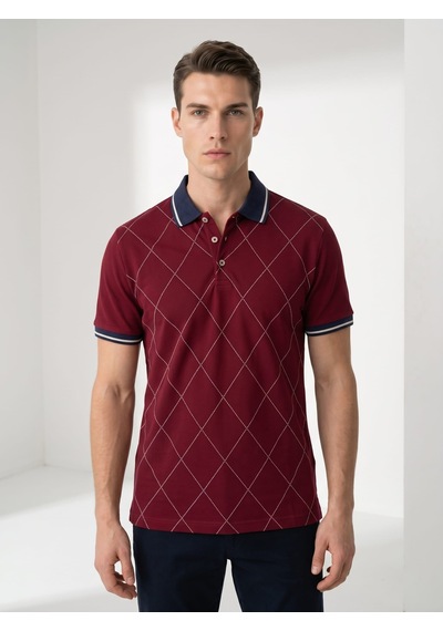 Giyim Dünyası Erkek Baklava Desenli Polo Yaka Tshirt Bordo