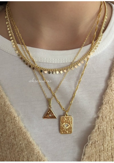 3'lü Pullu Zincir Zirkon Taşlı Gold Kadın Kolye Set Altın Altın