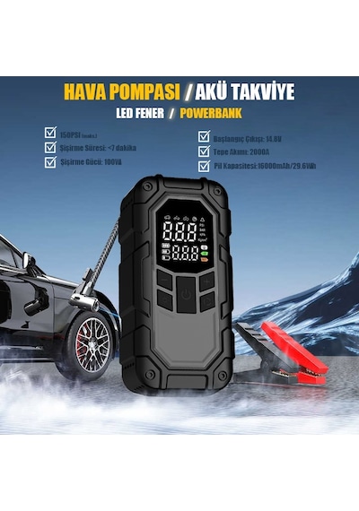 Mioji D8H Plus 4in1 16000mah 2000a Akü Takviye + Hava Pompası + Led Fener + Powerbank
