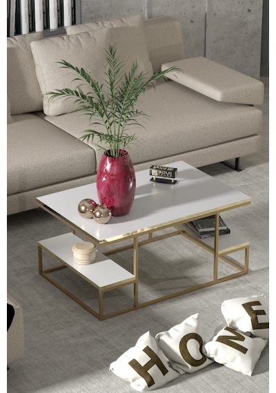 Reyo Falez Deluxe Raflı Orta Sehpa 60x90 Cm Modern Dikdörtgen Orta Sehpa Gold Beyaz Gold - Beyaz