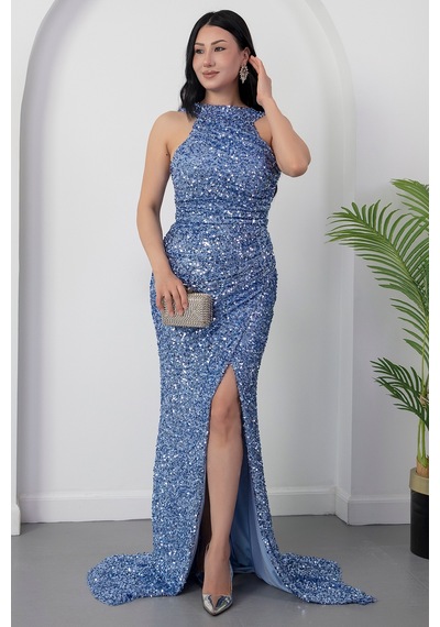 Kalopya Halter Yaka Yırtmaçlı Pulpayet Elbise Ecr5482 Mavi