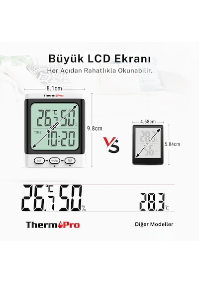 Thermopro Tp152 8,5" Lcd Ekranlı İç Mekan Dijital Sıcaklık Ve Nem Ölçer Termometre