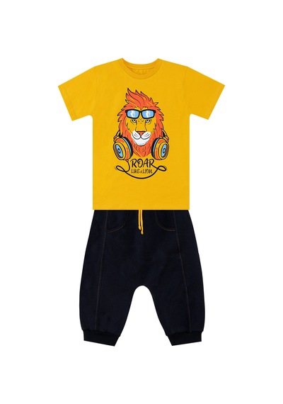 Aslan Sarı Erkek Çocuk Cep Detaylı Yazlık T-shirt Kapri Şort Takım
