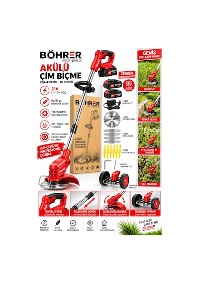 Böhrer Ba0115406 21v 2ah Çift Akülü Profesyonel Akülü Çim Biçme Kenar Kesme Makinesi