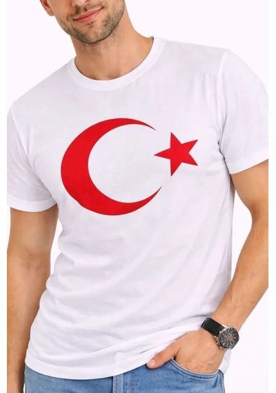 Erkek T-shirt Kısa Kol Bisiklet Yaka Ay Yıldız Bayrak Baskılı Tişört - Beyaz