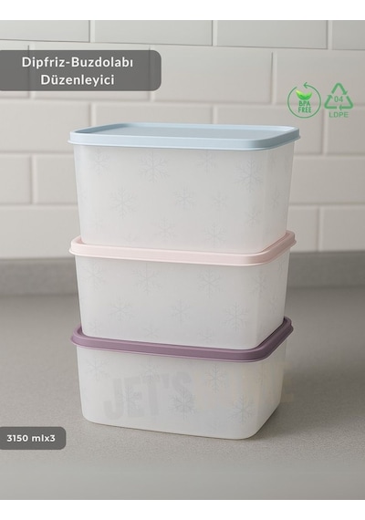 3'lü Dipfriz Saklama Kabı - No Frost Silikon Kapaklı Derin Dondurucu Düzenleyici - Bpa Free - 3150 Ml Şeffaf