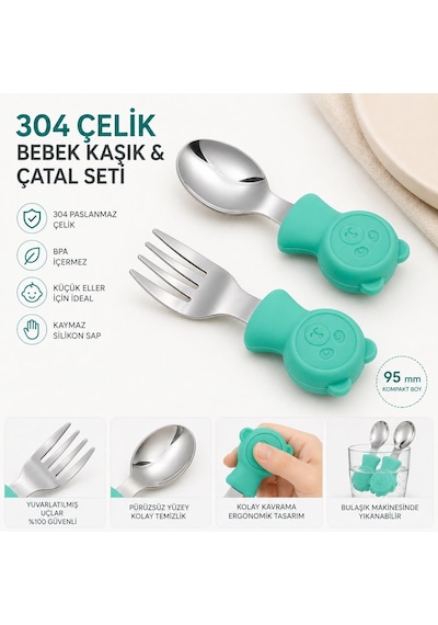 Valkyrie 304 Çelik Panda Bebek Kaşık Çatal Setisilikon Saplı Bpa İçermez Ergonomik Kaymaz Yeşil