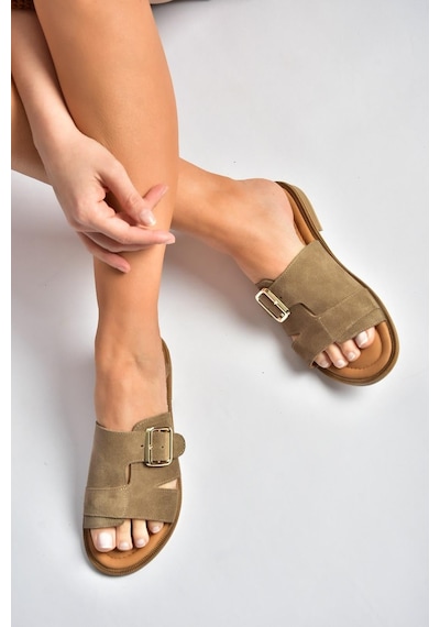 Fox Shoes Y944791002 Vizon Hakiki Deri Süet Kadın Terlik