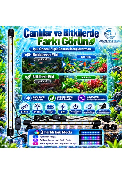 Akvaryum Işığı - Balık Işığı - Bitki Işığı - 37 Cm - 24 Led - Tamamen Su İçinde Kullanılabilir - 3 Modlu - 5w - Mükemmel Işık