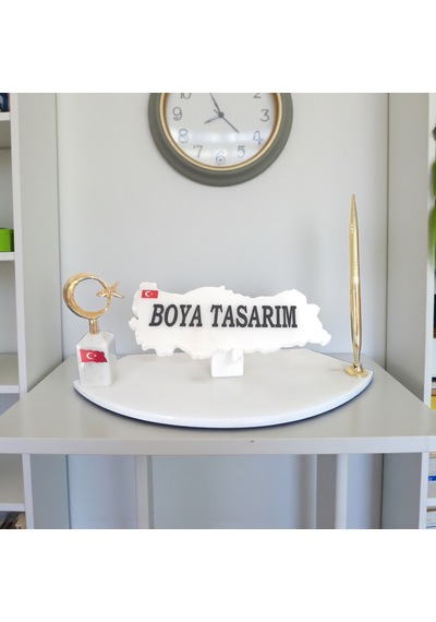 Doğal Beyaz Mermer Masa İsimlik Gold Kalem Ve Ayyıldız