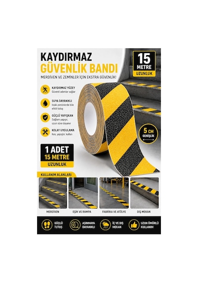 Merdiven Kaydırmaz Bant Sarı Siyah 50mm 1 Adet Mas Güvenlik Uyarı Bandı 15 Metre 5 Cm Yapışkanlı Basamak Mermer Beton