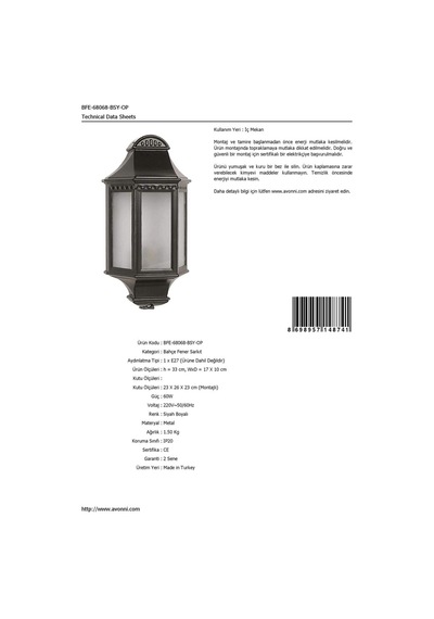 Avonni Bfe-68068-bsy-op Siyah Elektrostatik Toz Boyalı Dış Mekan Aydınlatma, E27, Aluminyum, Polikarbon Cam, 17x10cm Sku: Smgstkc7ad0d65bf