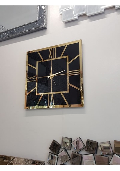 Ayna Denizi Golden Quare Black Model Altın Siyah Renk 60 CM x 60 CM Dekoratif Aynalı Duvar Saati Siyah