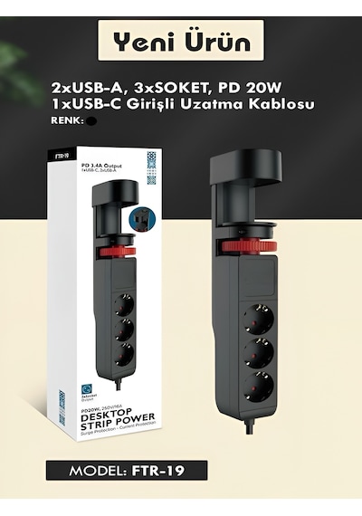 Masa Tutacaklı Akım Korumalı 2xusb-a, 3'lü Priz, Pd 20w 1usb-c Te