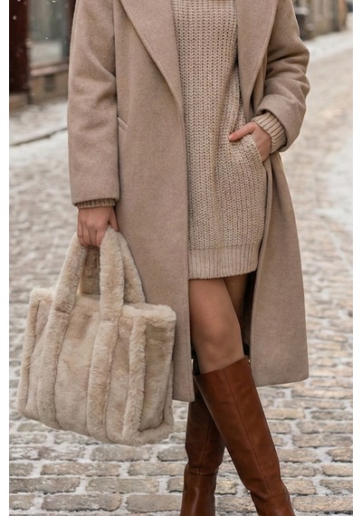 Vivazzaluxe Vintage Peluş Kürk Model Sonbahar, Kış Tote Bag Kadın El, Kol, Omuz Çanta Krem