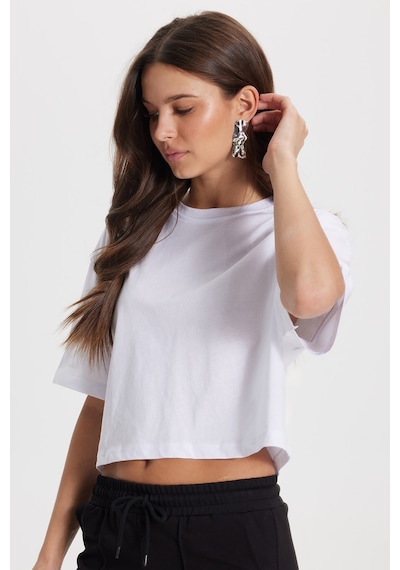 Tudors Kadın Slim Fit Dar Kesim %100 Pamuk Kısa Kollu Bisiklet Yaka Beyaz Crop Tişört-50467