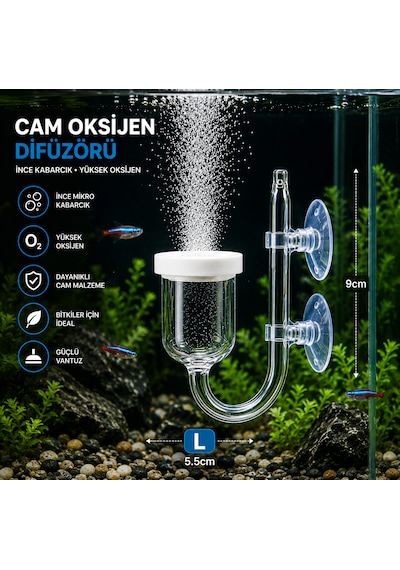 Cam Akvaryum Oksijen Difüzörü Vantuzlu Hava Taşı Nano Air Stone İnce Kabarcık Üreten Balık Tankı O2 Difüzörü