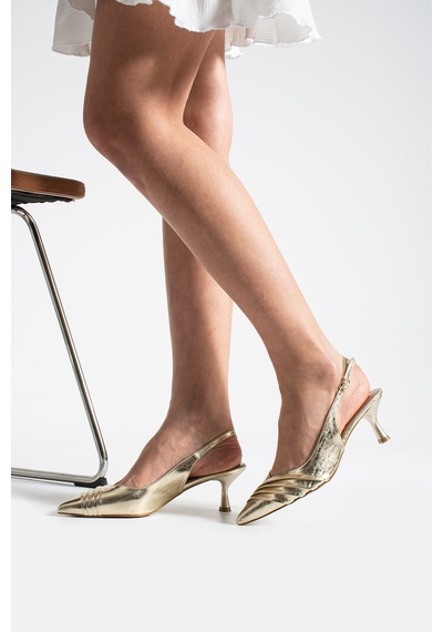 Dabab Shoes Zeyny Kadın Gold Sivri Burun Slingback 6 Cm İnce Topuk Ön Pile Detaylı Parlak Rugan Ayakkabı Altın