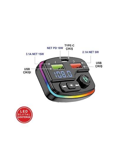 38w Pd Ve Qc Destekli Type-c Çıkışlı Bluetooth Fm Modülatör, Rgb Işıklı Hızlı Araç Şarj Cihazı