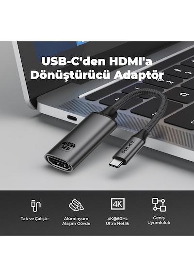 Solke Usb-c To Hdmı Adaptör 0.2 Metre 4k 60hz 18gbps Type-c To Hdmı Çevirici Örgülü Alüminyum