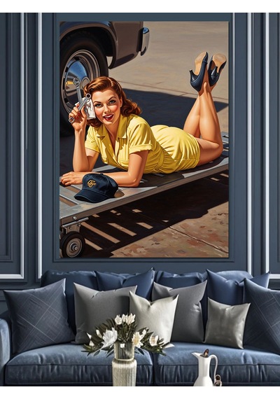 Oto Tamirci Pin Up Kadın Vintage Araba Dekoratif Kanvas - Mdf Ahşap Tablo