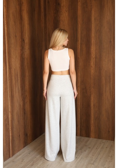 Ozy Fashion Kadın Modal Kumaş Yüksek Bel Pileli Geniş Paça Cepli Eşofman Altı Gri
