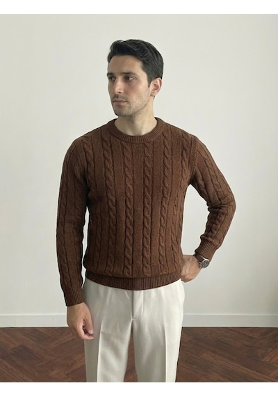 Erkek Kahverengi Bisiklet Yaka Slim Fit Saç Örgülü Triko Kazak Kahverengi