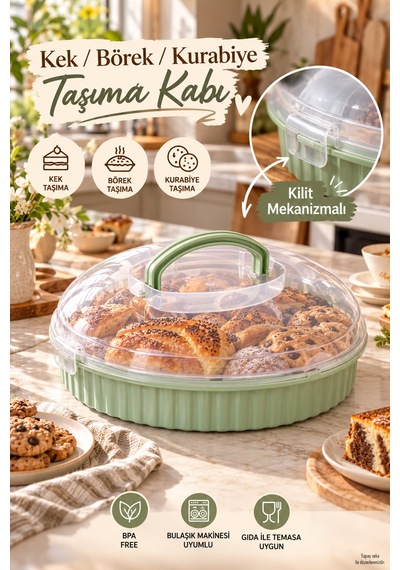 Porsima 0653 Vista Yuvarlak Kek Börek Taşıma Kabı 32 Cm - Mint Yeşili Hamur İşi Fanusu