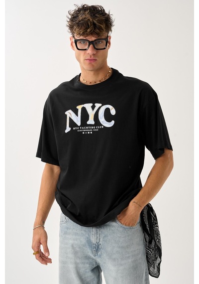 Geniş Kalıp Bisiklet Yaka Baskılı Unisex T-shirt Siyah