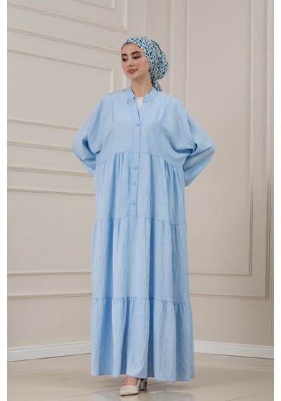 Sevitli Lilyum Kumaş Robalı Katya Elbise-mavi-5820