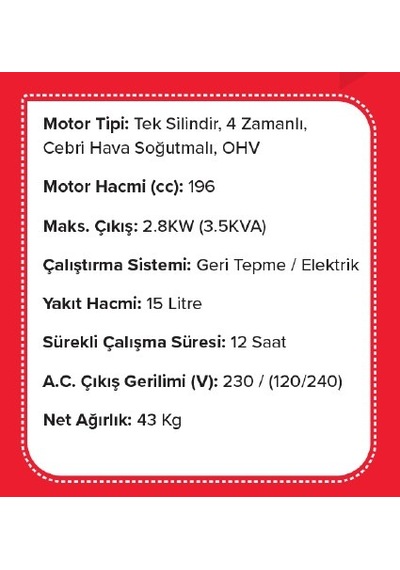 Wonder WBJ2800M 3.5Kw 2.8Kva Monofaze Benzinli Jeneratör