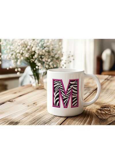 M Harfi Zebra Deseni Ve Pembe Kenarlı Kupa Bardak - Kişiye Özel Nakış Efektli - Siyah Beyaz Pembe Beyaz