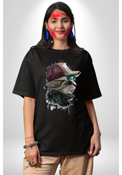 Pilot Çeketli Deri Şapkalı Cool Kedi Pamuklu Bisiklet Yaka Unisex Oversize Boyfriend Dijital Baskılı Siyah T-shirt Siyah Pilot Çeketli Deri Şapkalı Cool Kedi Pamuklu Bisiklet Yaka Unisex Oversize Boyfriend Dijital Baskılı Siyah T-shirt Siyah