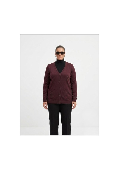 Onno Style Women Çelik Örgü Taş Aksesuarlı Klasik Triko Ceket Bordo