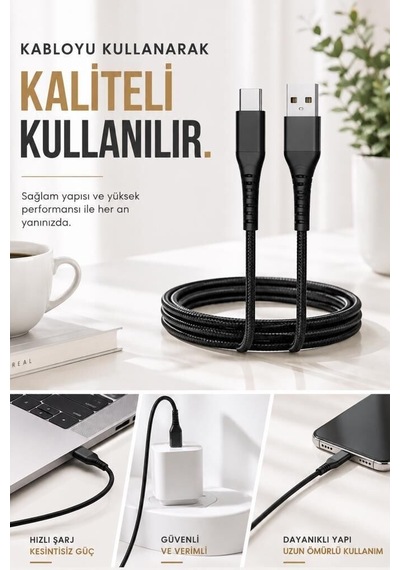 Delux Serisi Taşınabilir Elektronik Teknoloji Şarj Kablosu Usb-a To Type-c İ7 03210 Siyah