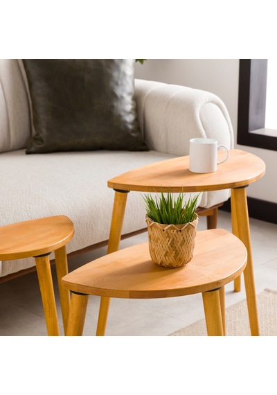 Furnirem Elips Yan Sehpa 3'lü Zigon Set, Masif Doğal Ahşap Meşe