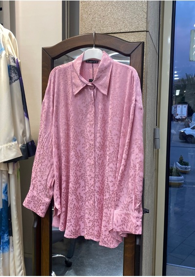 Pera Moda İç Göstermeyen Jakarlı Oversize Uzun Şık Kadın Gömlek Pembe
